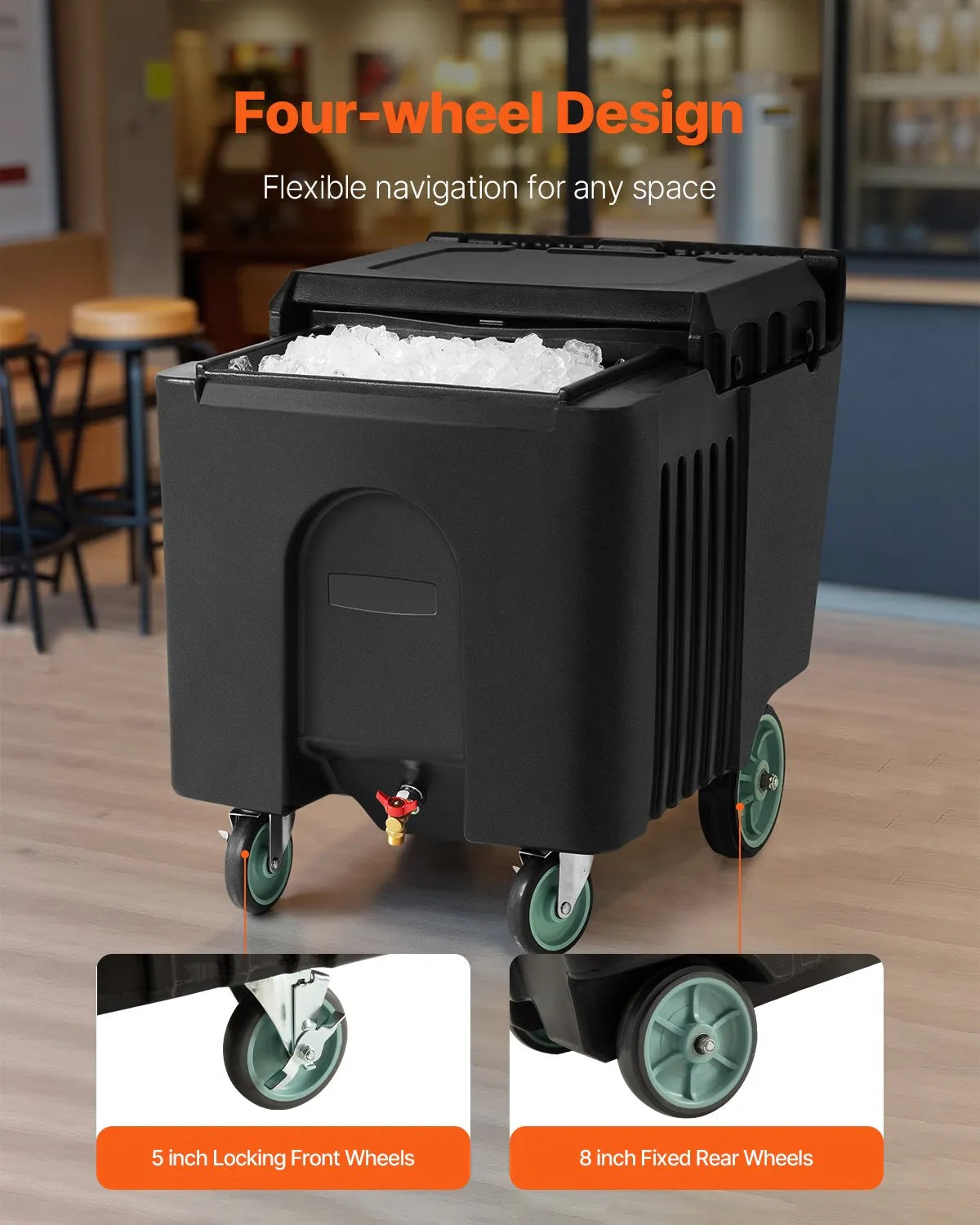 VEVOR Commercial Ice Container 57 kg, Insulated Ice Cart 80 × 58 × 74 cm with 4 Wheels and Sliding Lid