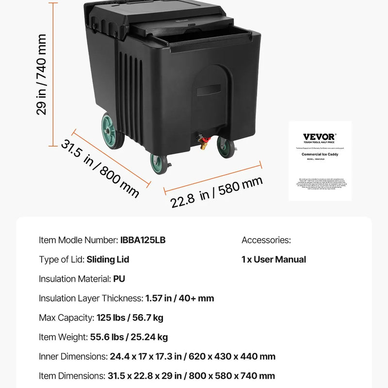 Komerciālais ledus konteiners 57 kg, pārnēsājams ledus ratiņš ar izolāciju, 80 x 58 x 74 cm, ar 4 riteņiem un bīdāmu vāku, piemērots ēdināšanai, virtuvēm, bāriem un restorāniem