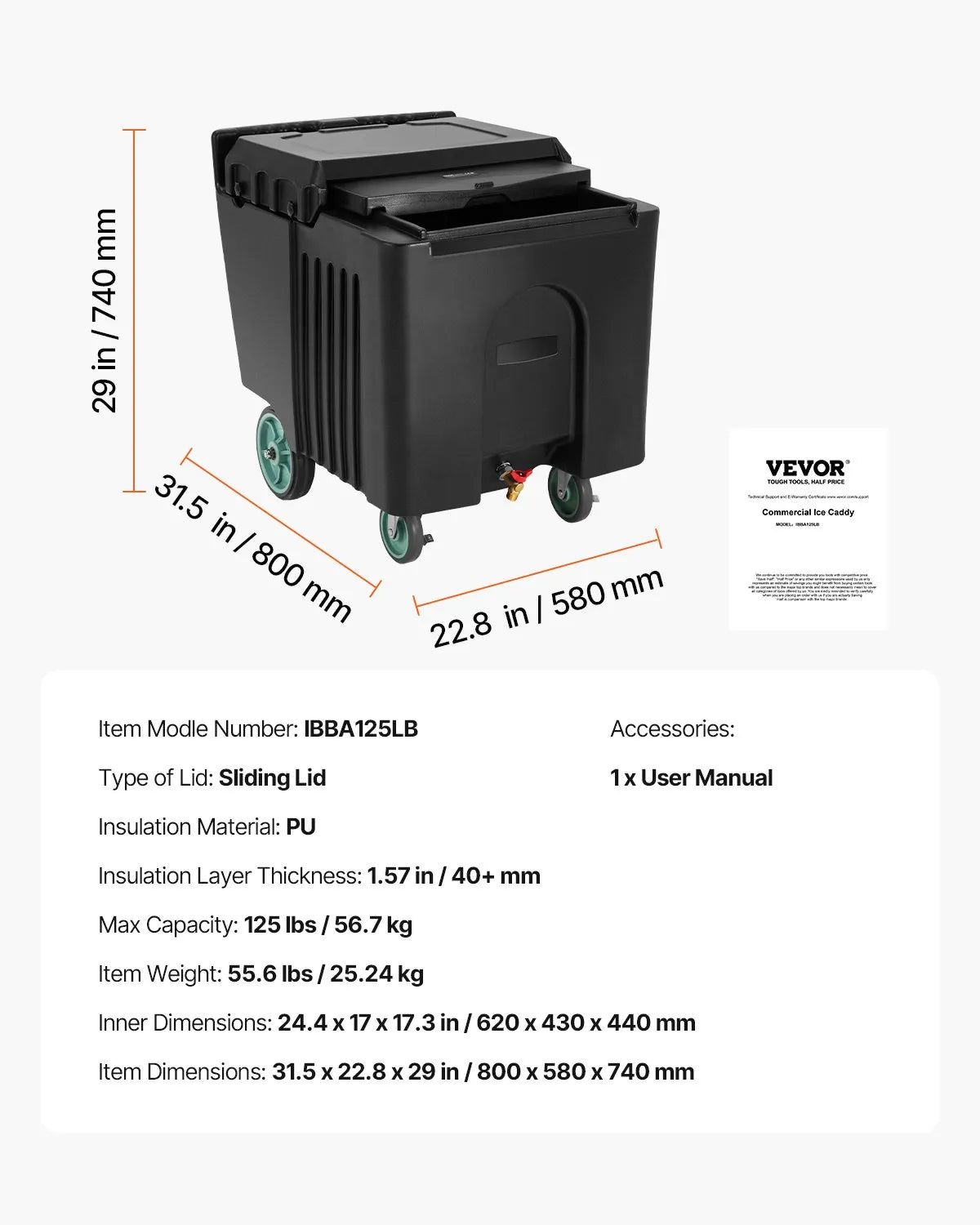 VEVOR Commercial Ice Container 57 kg, Insulated Ice Cart 80 × 58 × 74 cm with 4 Wheels and Sliding Lid