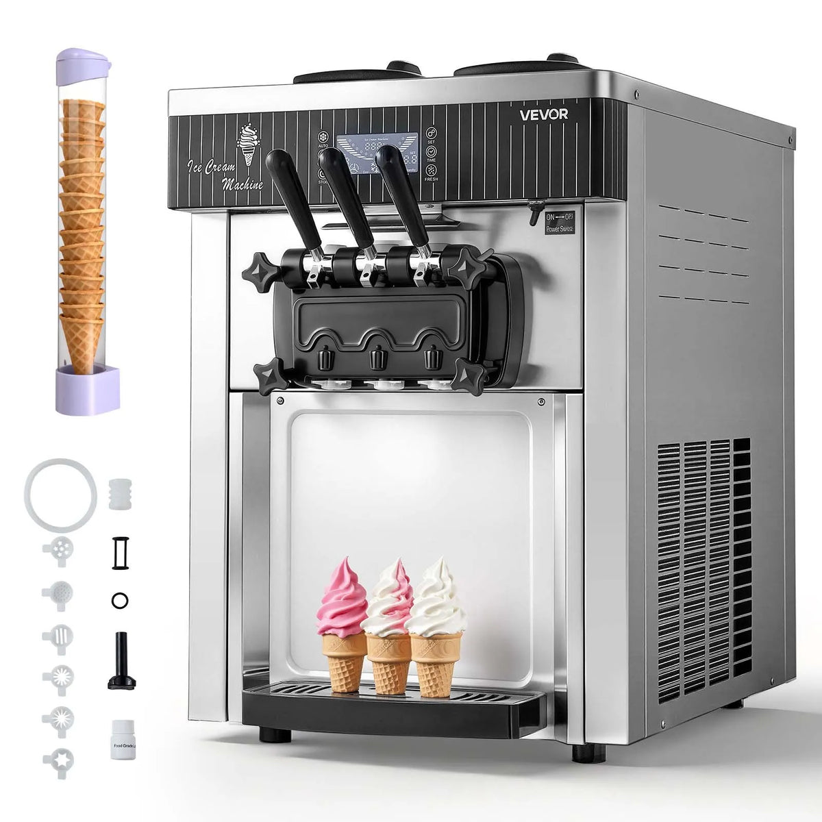 VEVOR komerciālais saldējuma automāts, ražība 20–28 l/h, 2200 W, 3 garšu galda tipa mīkstā saldējuma iekārta ar 2 x 6 l tvertnēm un maisīšanu, priekšdzesēšana un pašattīrīšanās, piemērots uzkodu un desertu veikaliem - ZEMLETES.LV