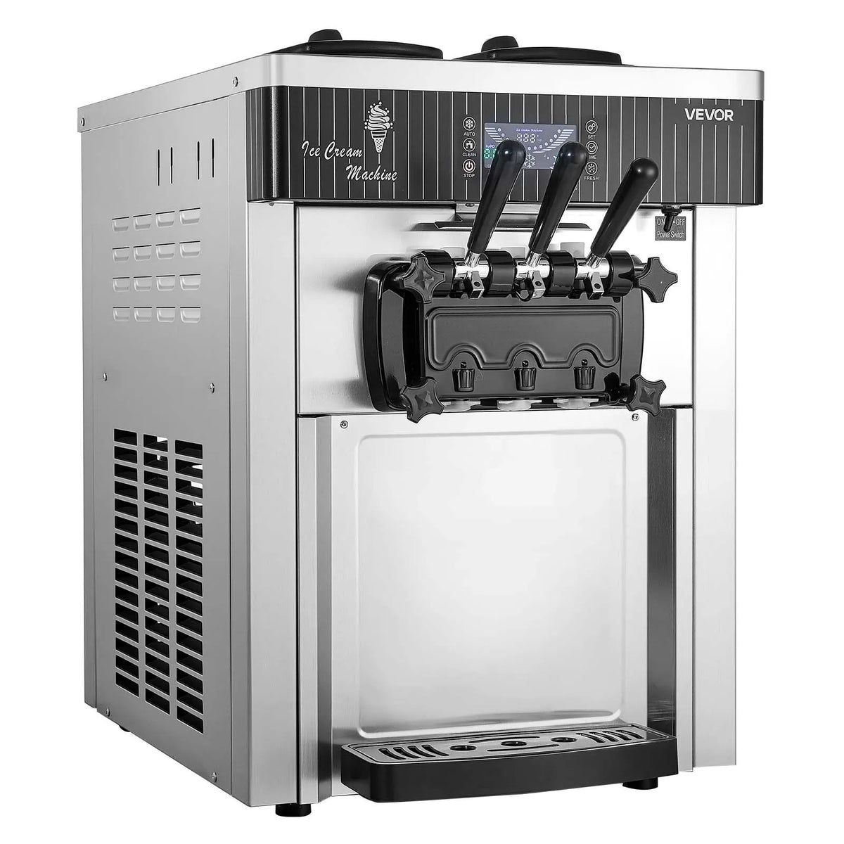 VEVOR komerciālais saldējuma automāts, ražība 20–28 l/h, 2200 W, 3 garšu galda tipa mīkstā saldējuma iekārta ar 2 x 6 l tvertnēm un maisīšanu, priekšdzesēšana un pašattīrīšanās, piemērots uzkodu un desertu veikaliem - ZEMLETES.LV