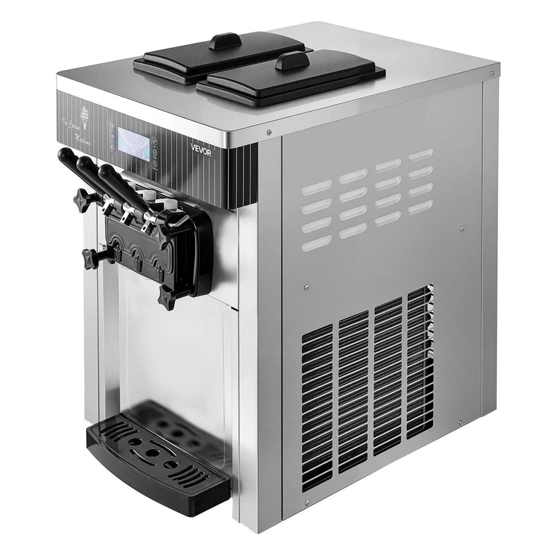 VEVOR komerciālais saldējuma automāts, ražība 20–28 l/h, 2200 W, 3 garšu galda tipa mīkstā saldējuma iekārta ar 2 x 6 l tvertnēm un maisīšanu, priekšdzesēšana un pašattīrīšanās, piemērots uzkodu un desertu veikaliem - ZEMLETES.LV