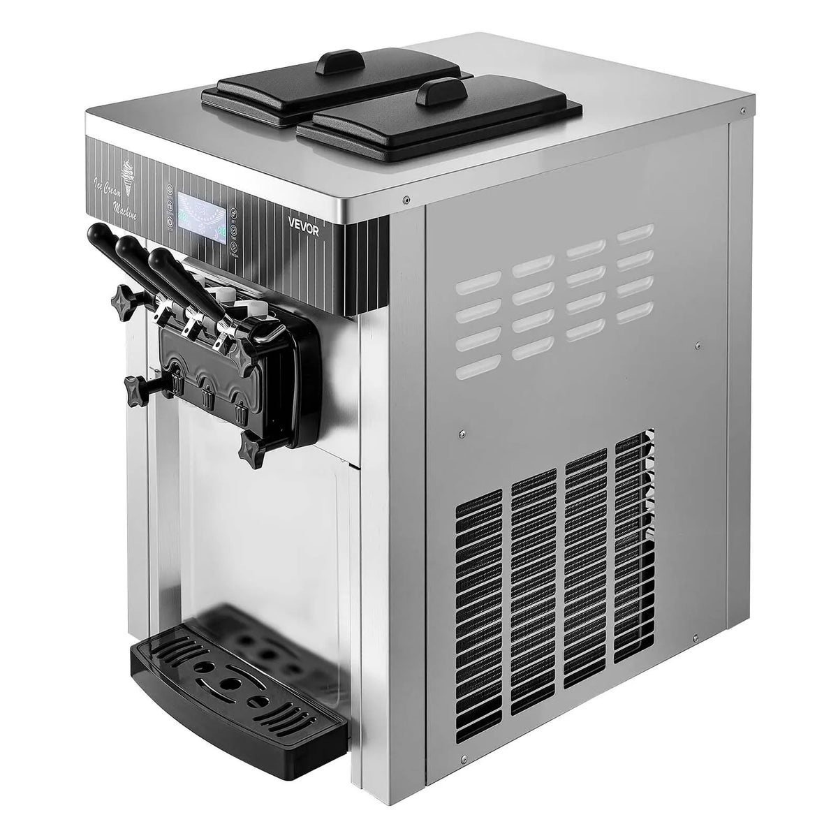 VEVOR komerciālais saldējuma automāts, ražība 20–28 l/h, 2200 W, 3 garšu galda tipa mīkstā saldējuma iekārta ar 2 x 6 l tvertnēm un maisīšanu, priekšdzesēšana un pašattīrīšanās, piemērots uzkodu un desertu veikaliem - ZEMLETES.LV