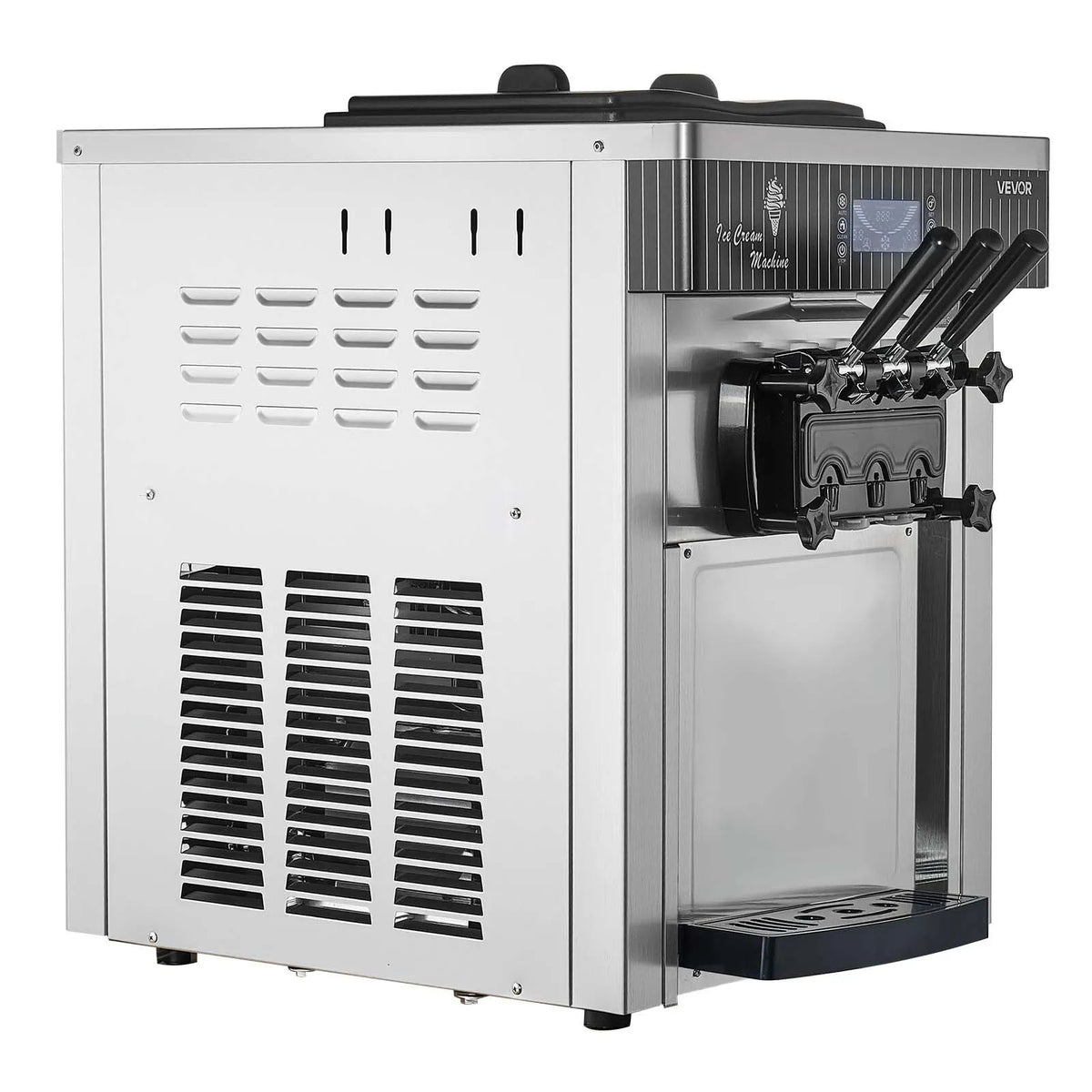 VEVOR komerciālais saldējuma automāts, ražība 20–28 l/h, 2200 W, 3 garšu galda tipa mīkstā saldējuma iekārta ar 2 x 6 l tvertnēm un maisīšanu, priekšdzesēšana un pašattīrīšanās, piemērots uzkodu un desertu veikaliem - ZEMLETES.LV