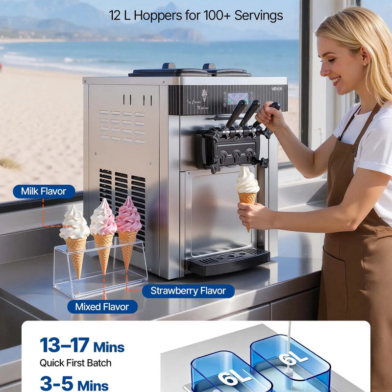 VEVOR komerciālais saldējuma automāts, ražība 20–28 l/h, 2200 W, 3 garšu galda tipa mīkstā saldējuma iekārta ar 2 x 6 l tvertnēm un maisīšanu, priekšdzesēšana un pašattīrīšanās, piemērots uzkodu un desertu veikaliem - ZEMLETES.LV