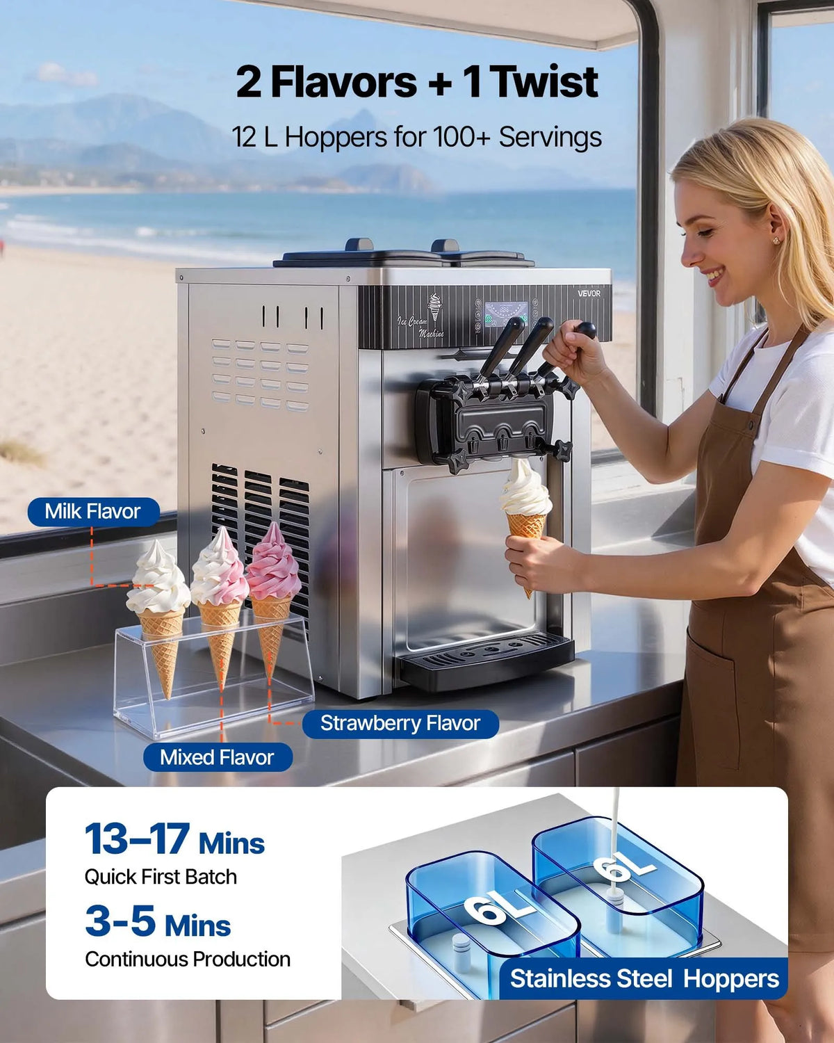 VEVOR komerciālais saldējuma automāts, ražība 20–28 l/h, 2200 W, 3 garšu galda tipa mīkstā saldējuma iekārta ar 2 x 6 l tvertnēm un maisīšanu, priekšdzesēšana un pašattīrīšanās, piemērots uzkodu un desertu veikaliem - ZEMLETES.LV