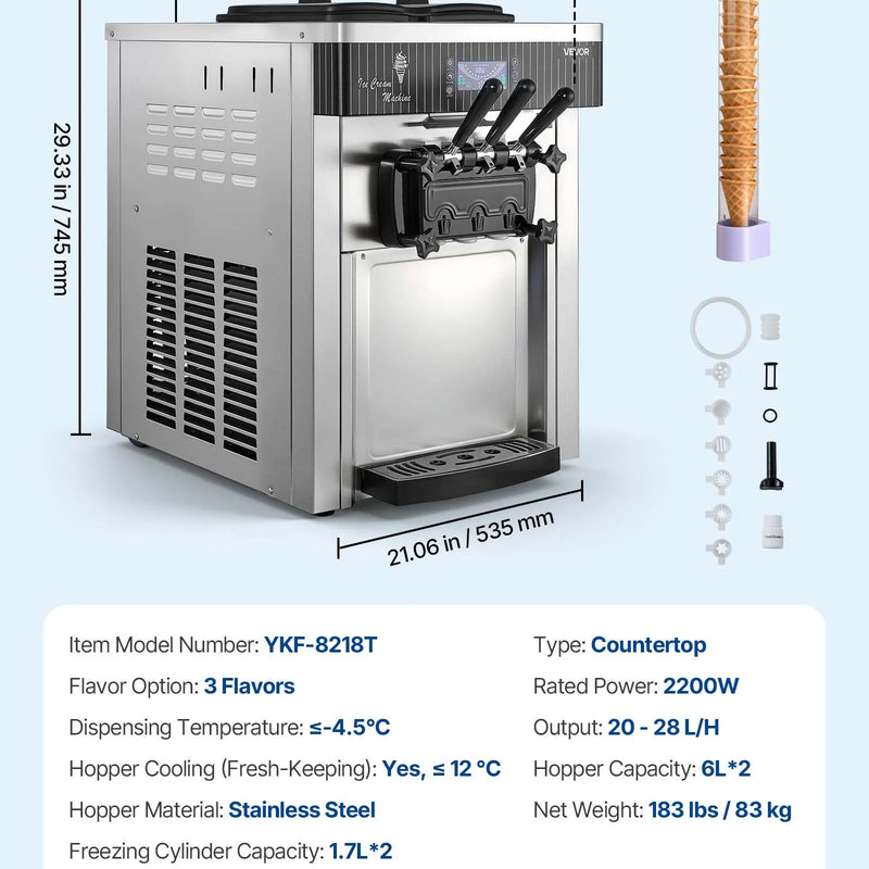 VEVOR komerciālais saldējuma automāts, ražība 20–28 l/h, 2200 W, 3 garšu galda tipa mīkstā saldējuma iekārta ar 2 x 6 l tvertnēm un maisīšanu, priekšdzesēšana un pašattīrīšanās, piemērots uzkodu un desertu veikaliem - ZEMLETES.LV