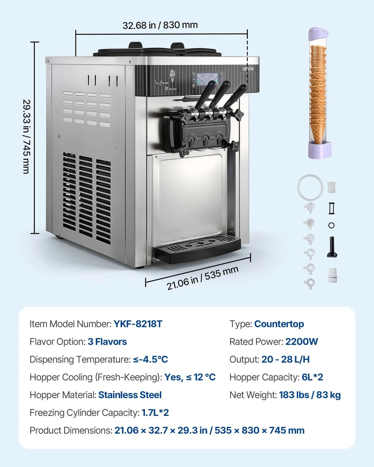 VEVOR komerciālais saldējuma automāts, ražība 20–28 l/h, 2200 W, 3 garšu galda tipa mīkstā saldējuma iekārta ar 2 x 6 l tvertnēm un maisīšanu, priekšdzesēšana un pašattīrīšanās, piemērots uzkodu un desertu veikaliem - ZEMLETES.LV