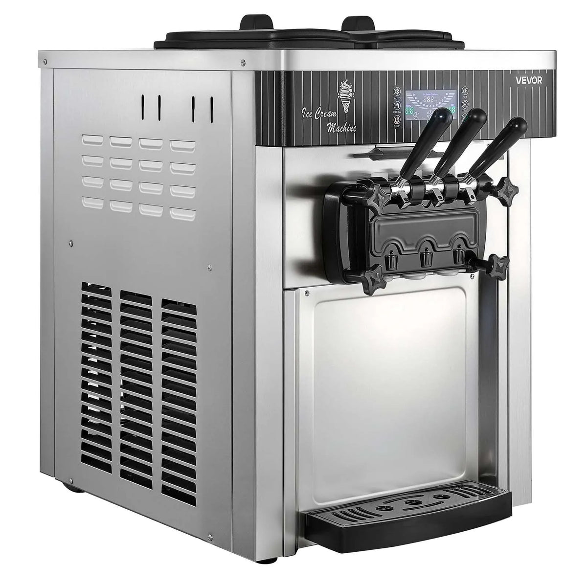 VEVOR komerciālais saldējuma automāts, ražība 20–28 l/h, 2200 W, 3 garšu galda tipa mīkstā saldējuma iekārta ar 2 x 6 l tvertnēm un maisīšanu, priekšdzesēšana un pašattīrīšanās, piemērots uzkodu un desertu veikaliem - ZEMLETES.LV