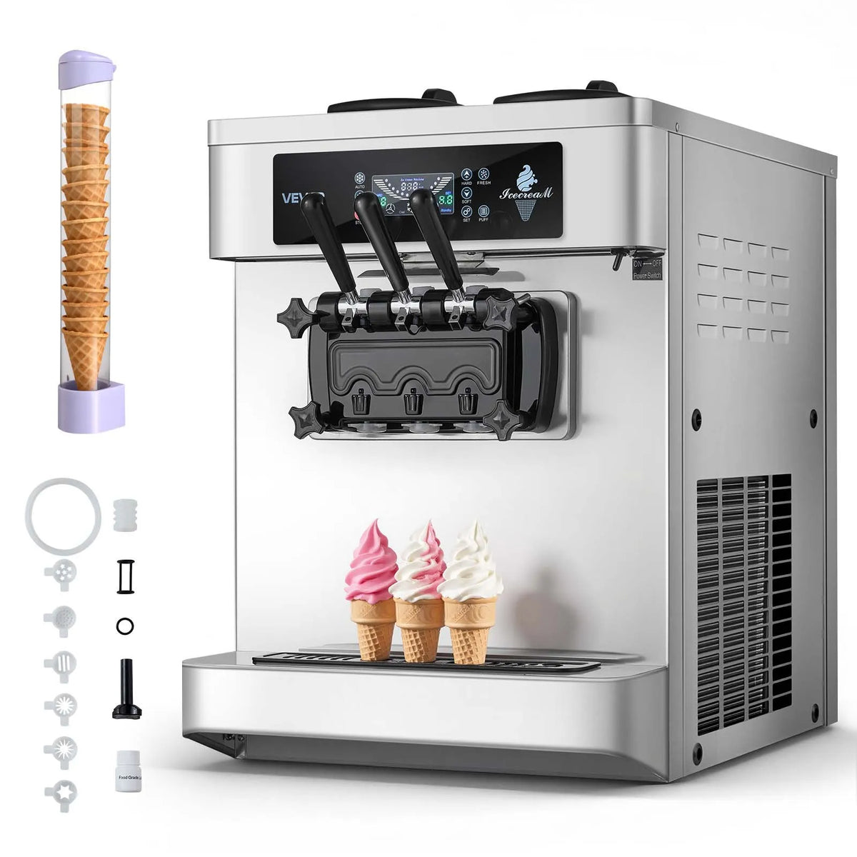 VEVOR Commercial Soft Ice Cream Machine 20–28 l/h, 2200 W, 3 Flavours, 2 × 6 l Tanks, Air Pump and Pre-cooling