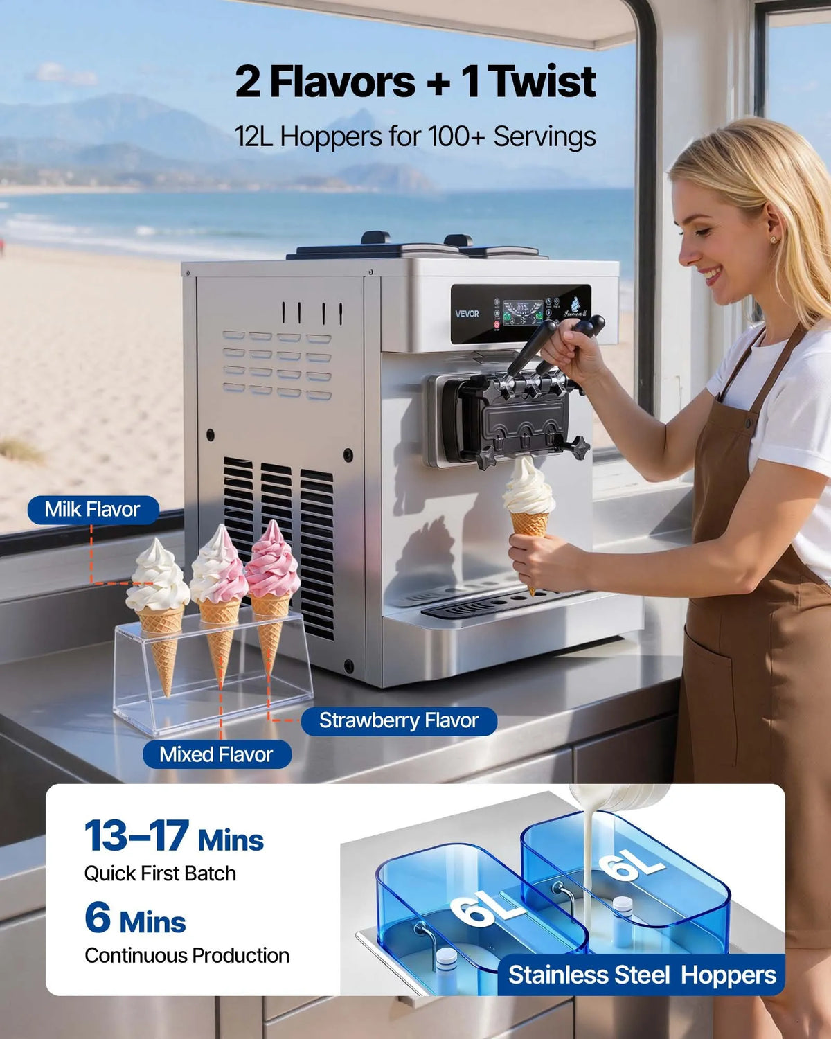VEVOR Commercial Soft Ice Cream Machine 20–28 l/h, 2200 W, 3 Flavours, 2 × 6 l Tanks, Air Pump and Pre-cooling