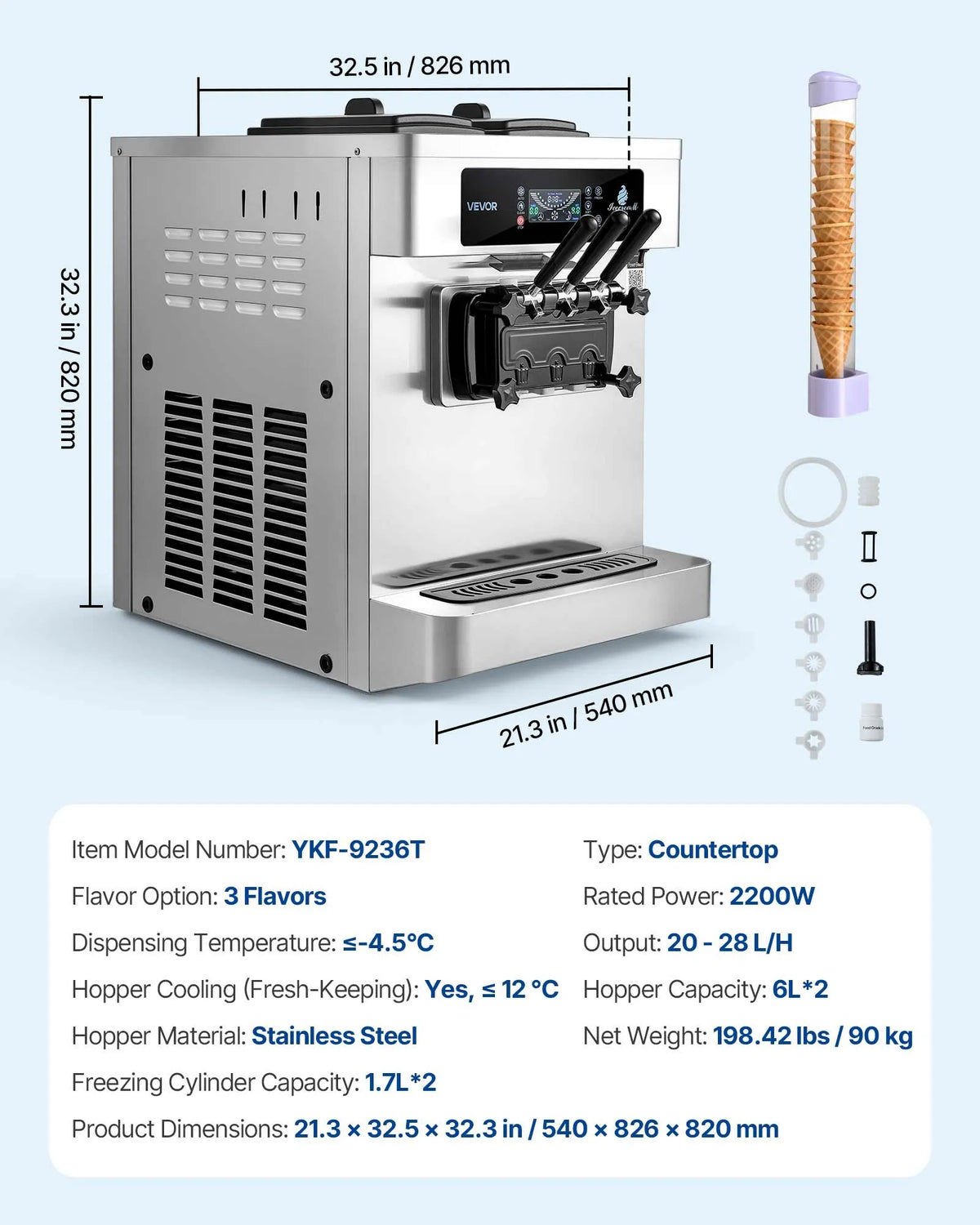 VEVOR Commercial Soft Ice Cream Machine 20–28 l/h, 2200 W, 3 Flavours, 2 × 6 l Tanks, Air Pump and Pre-cooling