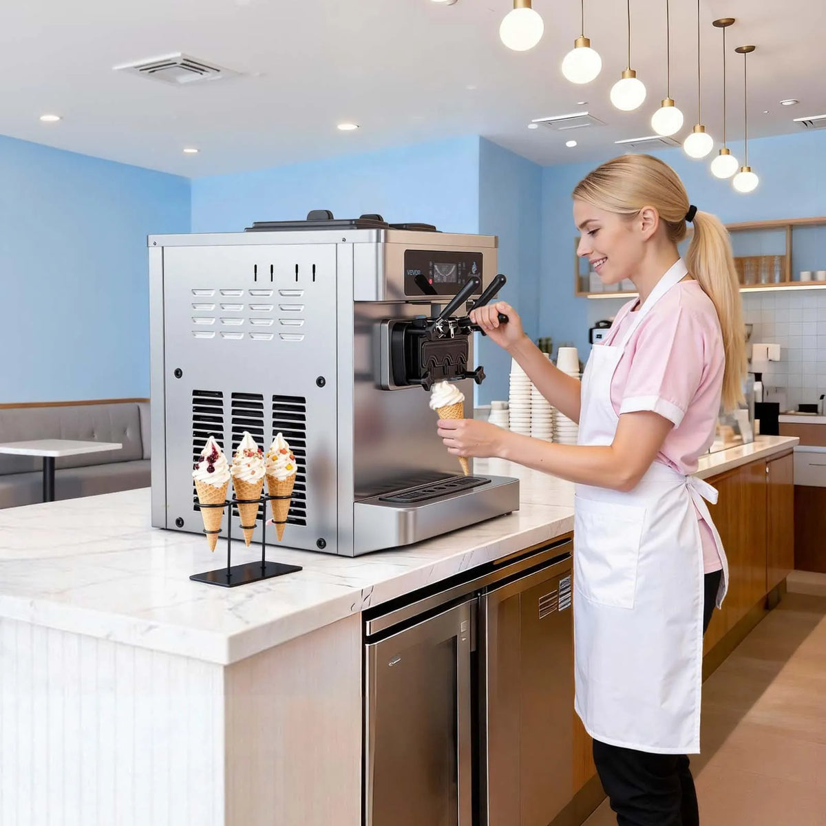 VEVOR Commercial Soft Ice Cream Machine 20–28 l/h, 2200 W, 3 Flavours, 2 × 6 l Tanks, Air Pump and Pre-cooling