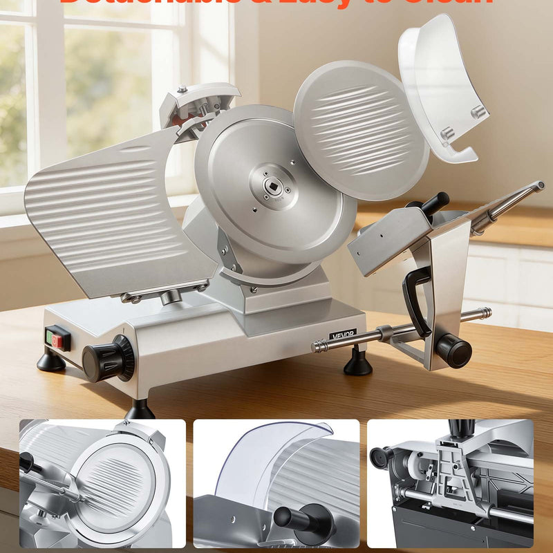 VEVOR profesionāla gaļas griešanas mašīna 320 W ar 300 mm oglekļa tērauda asmeni, 0–15 mm regulējams griezuma biezums, ar iebūvētu asinātāju, saldētai gaļai, šķiņķim, bagetei un steikam