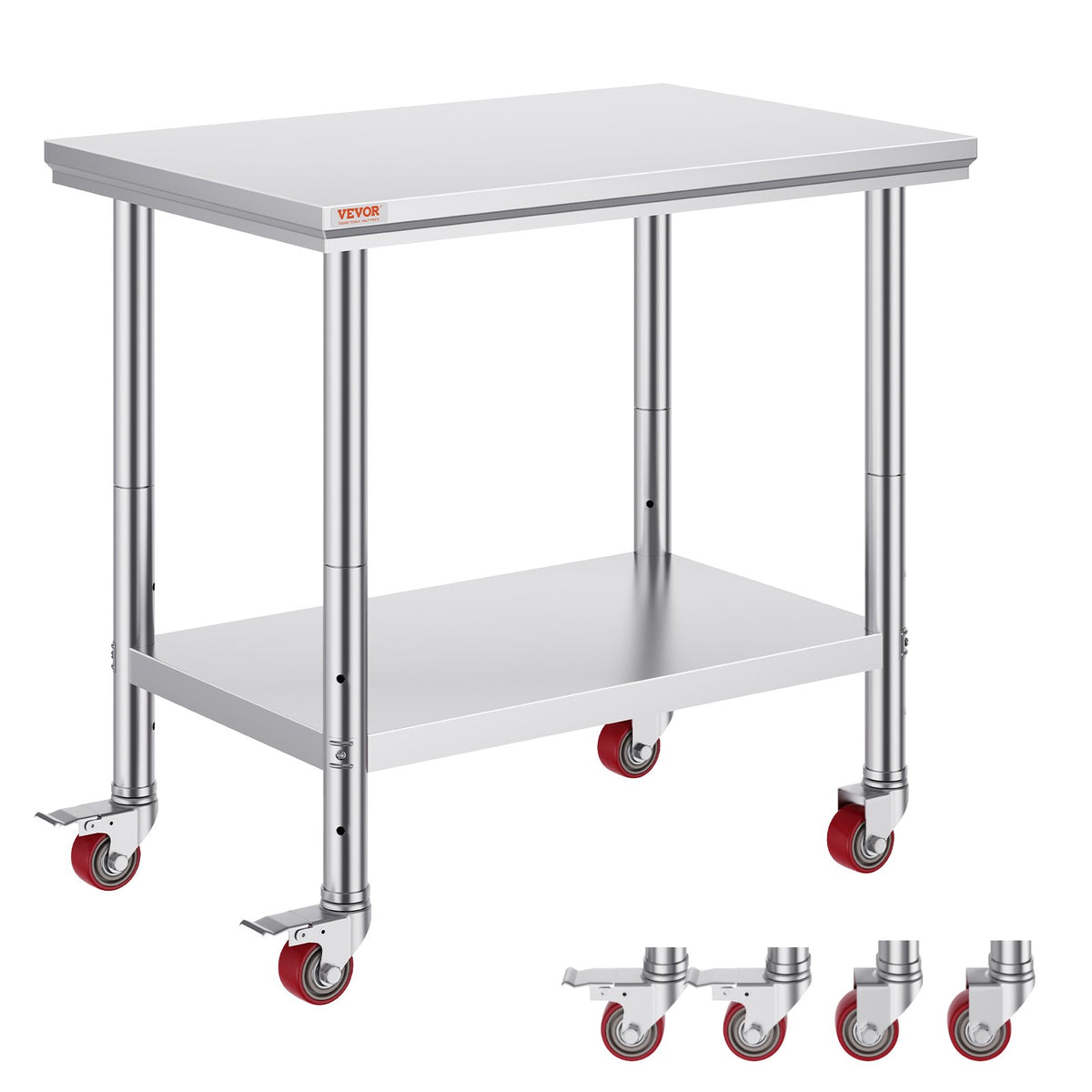 VEVOR Stainless Steel Work Table 91 × 61 cm with 4 Wheels and Adjustable Shelf, Commercial Kitchen