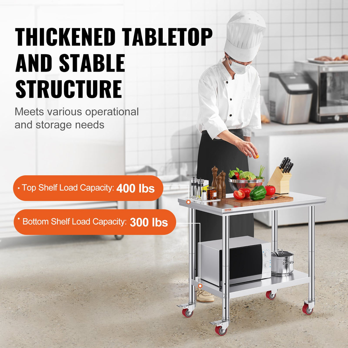 VEVOR Stainless Steel Work Table 91 × 61 cm with 4 Wheels and Adjustable Shelf, Commercial Kitchen