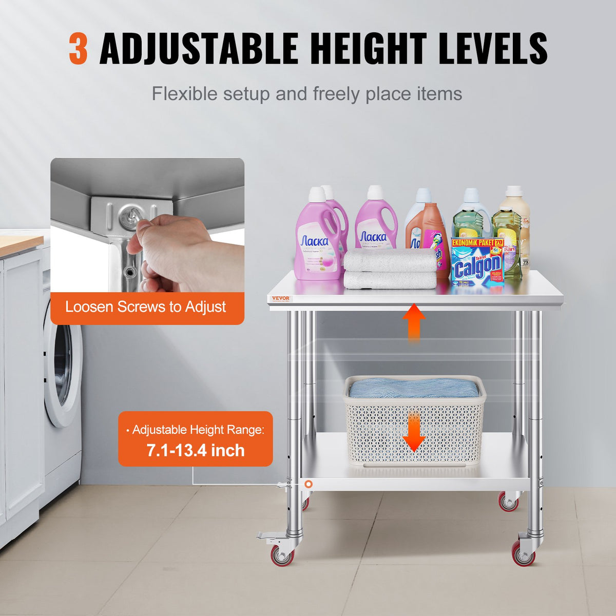 VEVOR Stainless Steel Work Table 91 × 61 cm with 4 Wheels and Adjustable Shelf, Commercial Kitchen