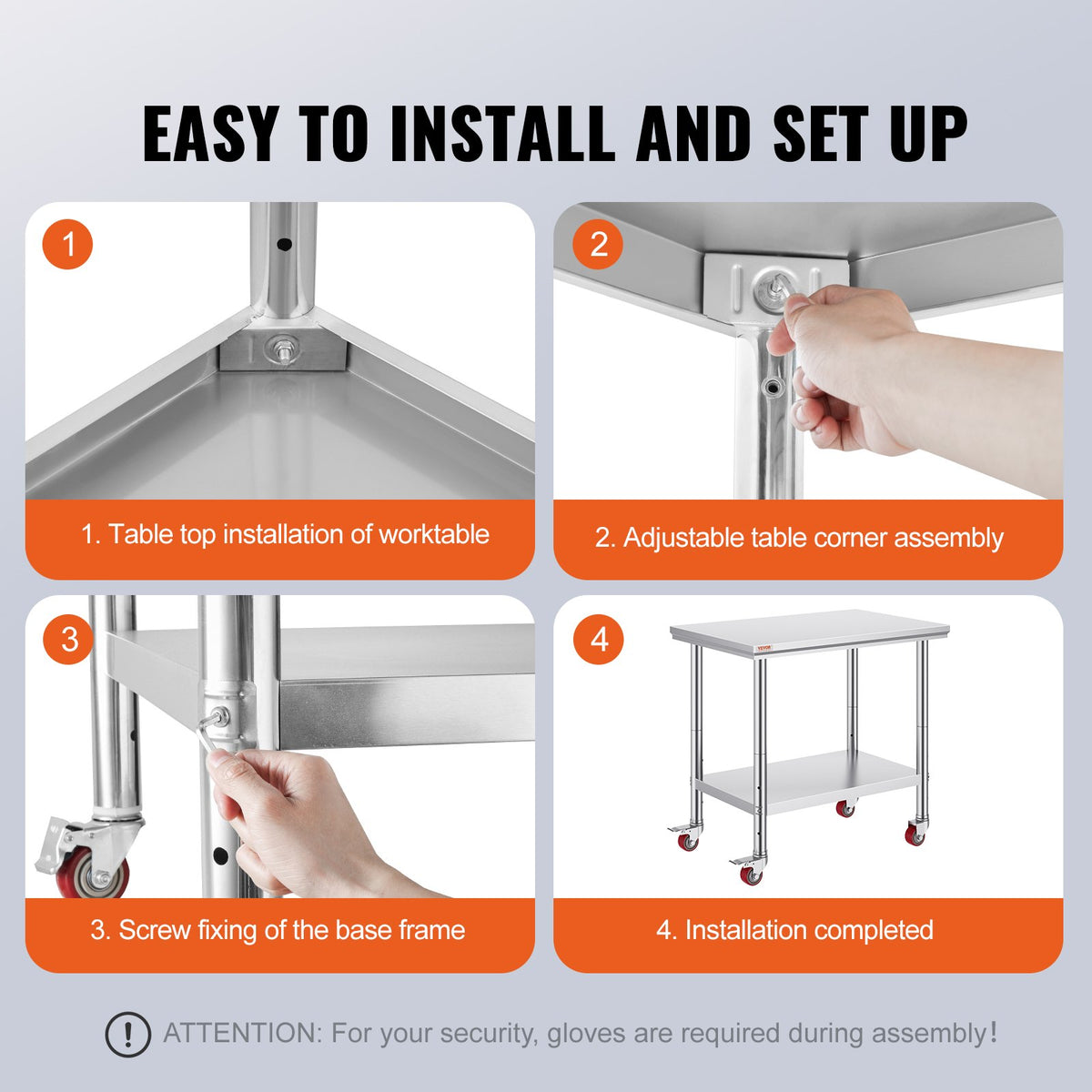 VEVOR Stainless Steel Work Table 91 × 61 cm with 4 Wheels and Adjustable Shelf, Commercial Kitchen