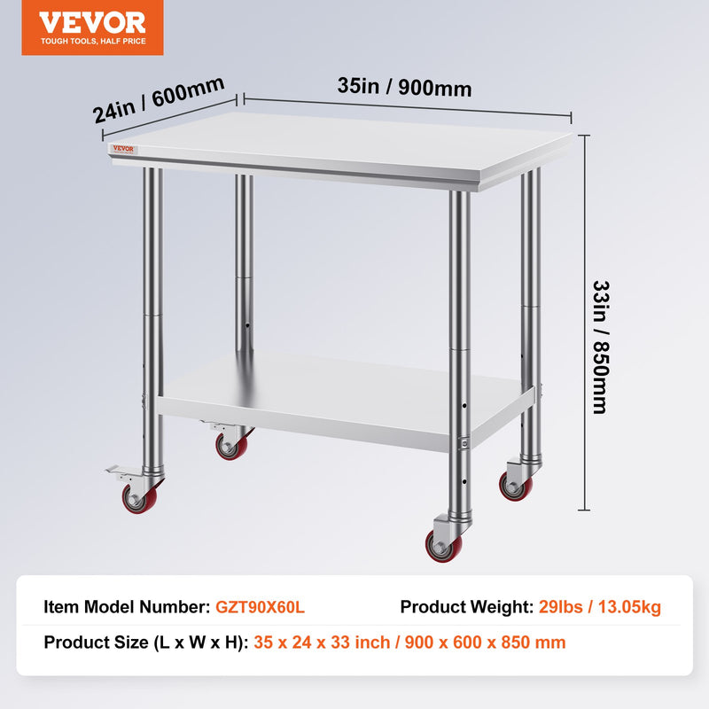 VEVOR nerūsējošā tērauda ēdināšanas galds, 91 x 61 cm, komerciāls darba galds ar 4 riteņiem un regulējamu plauktu, piemērots pārtikas sagatavošanai.