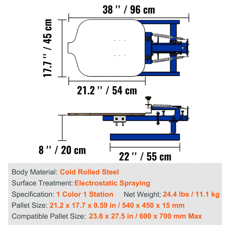 VEVOR 1 krāsas, 1 stacijas sietspiedes drukas prese, nodrošina precīzu un vienmērīgu apdruku uz dažādiem materiāliem. Piemērota T-krekliem, audekliem, plakātiem, papīram un citiem virsmas veidiem.