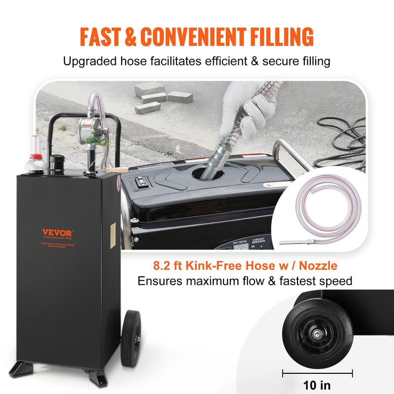 VEVOR 114 litru degvielas kanna ar riteņiem, pārnēsājama degvielas tvertne ar manuālo sūkni, piemērota benzīnam un dīzeļdegvielai automašīnām, zāles pļāvējiem, kvadricikliem, laivām, un citam, melna