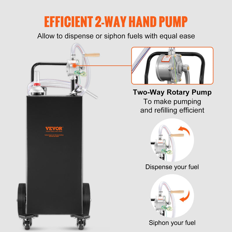 VEVOR 114 litru degvielas tvertne ar 4 riteņiem un manuālo sūkni - pārnēsājams benzīna un dīzeļdegvielas konteiners automašīnām, zāles pļāvējiem, ATV, laivām - melna