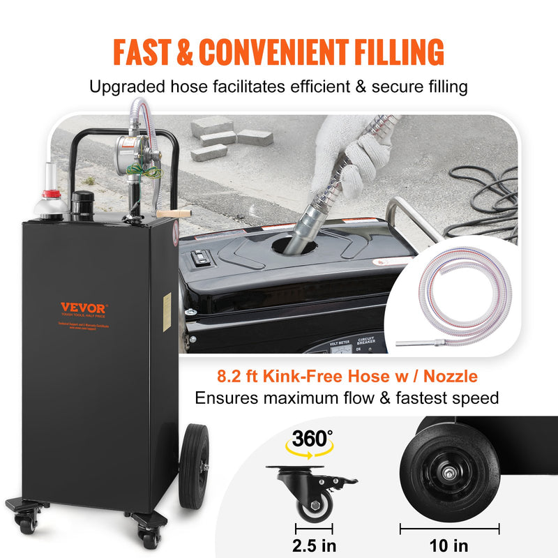 VEVOR 114 litru degvielas tvertne ar 4 riteņiem un manuālo sūkni - pārnēsājams benzīna un dīzeļdegvielas konteiners automašīnām, zāles pļāvējiem, ATV, laivām - melna