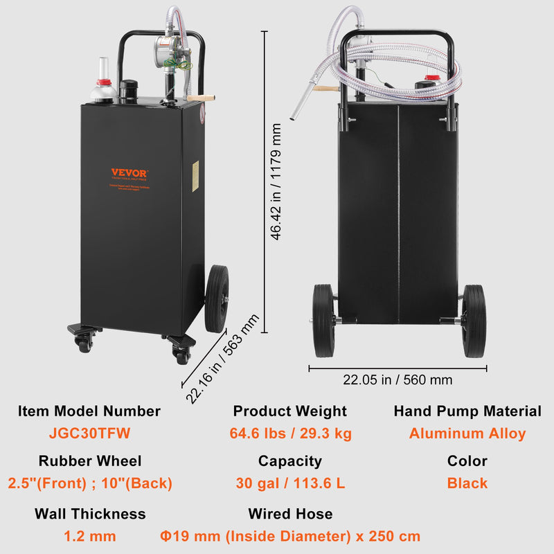 VEVOR 114 litru degvielas tvertne ar 4 riteņiem un manuālo sūkni - pārnēsājams benzīna un dīzeļdegvielas konteiners automašīnām, zāles pļāvējiem, ATV, laivām - melna