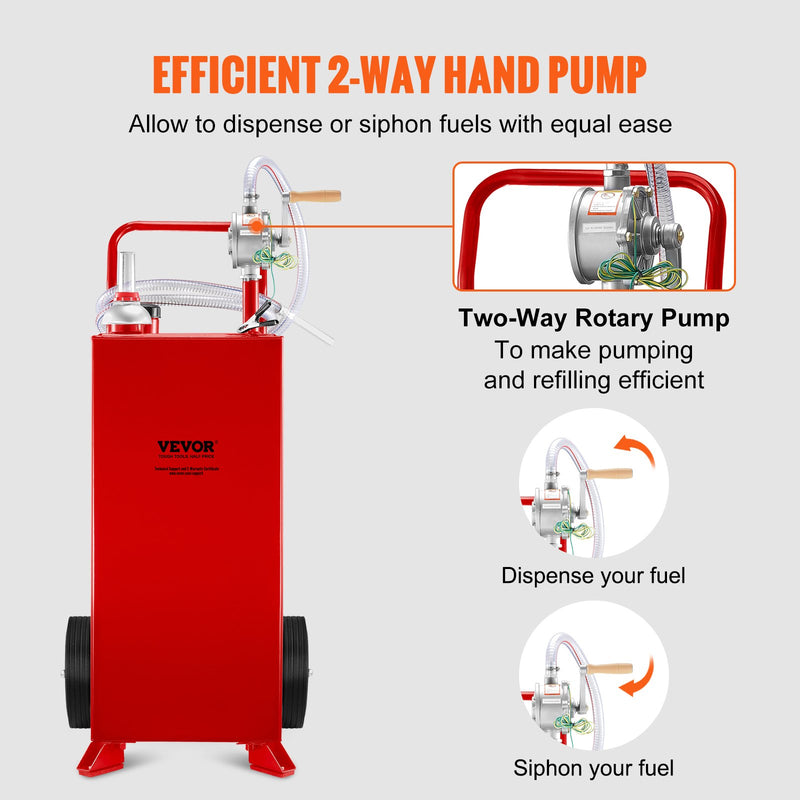 VEVOR 114 litru degvielas tvertne ar 2 riteņiem un manuālo sūkni - pārnēsājams degvielas konteiners benzīnam un dīzeļdegvielai automašīnām, zāles pļāvējiem, ATV, laivām - sarkans