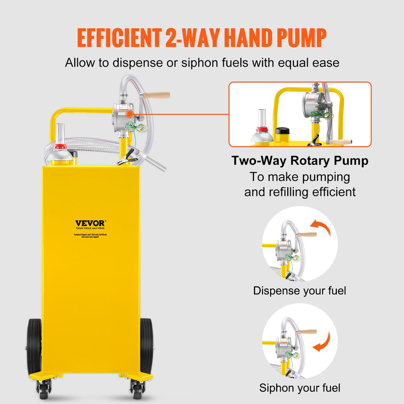 VEVOR 114 litru degvielas tvertne uz 4 riteņiem ar manuālo sūkni - piemērota benzīnam un dīzeļdegvielai automašīnām, zāles pļāvējiem, kvadracikliem, laivām un citiem - dzeltena