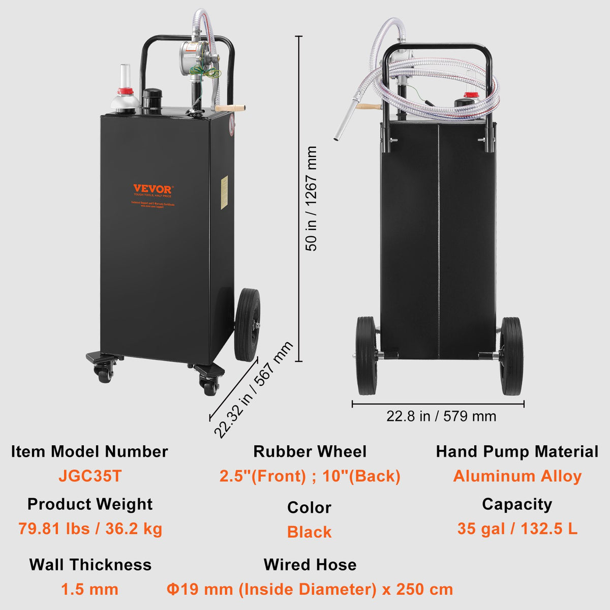 VEVOR Fuel Can with Manual Transfer Pump, 132.5 Litres, Black, with 4 Wheels
