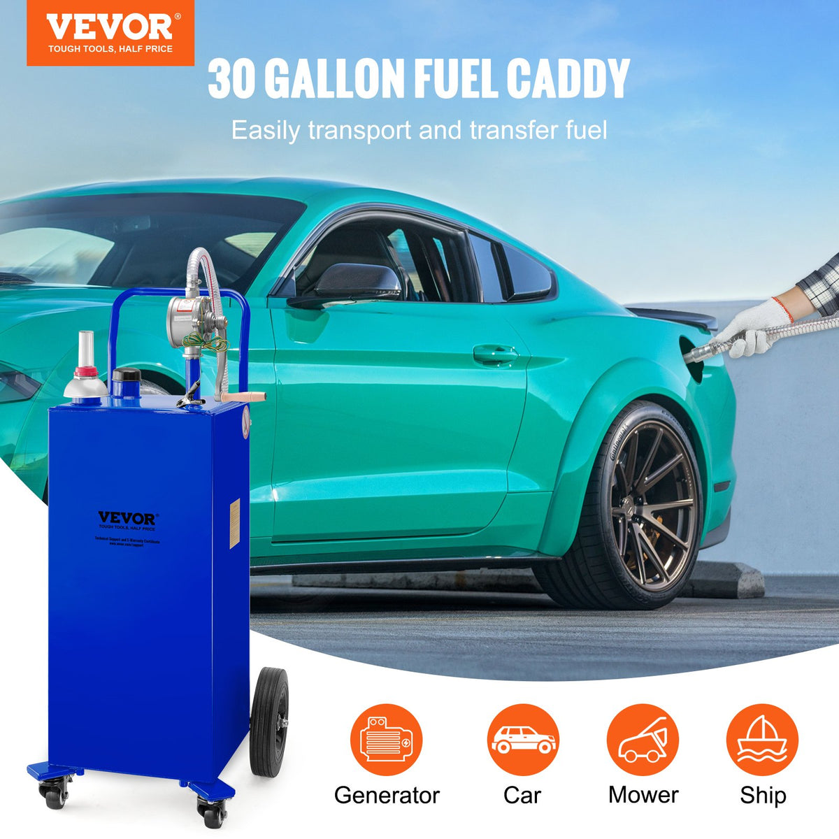 VEVOR 114 Litre Fuel Tank with 4 Wheels and Manual Pump – Suitable for Petrol and Diesel for Cars, Lawnmowers, ATVs, Boats and More – Blue