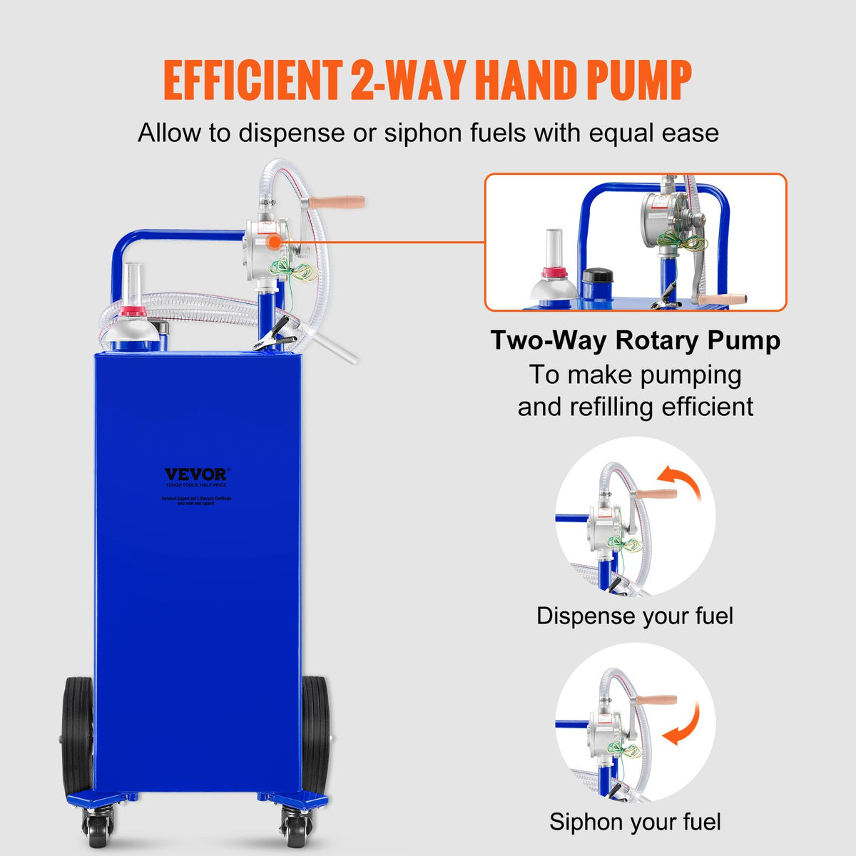 VEVOR 114 Litre Fuel Tank with 4 Wheels and Manual Pump – Suitable for Petrol and Diesel for Cars, Lawnmowers, ATVs, Boats and More – Blue