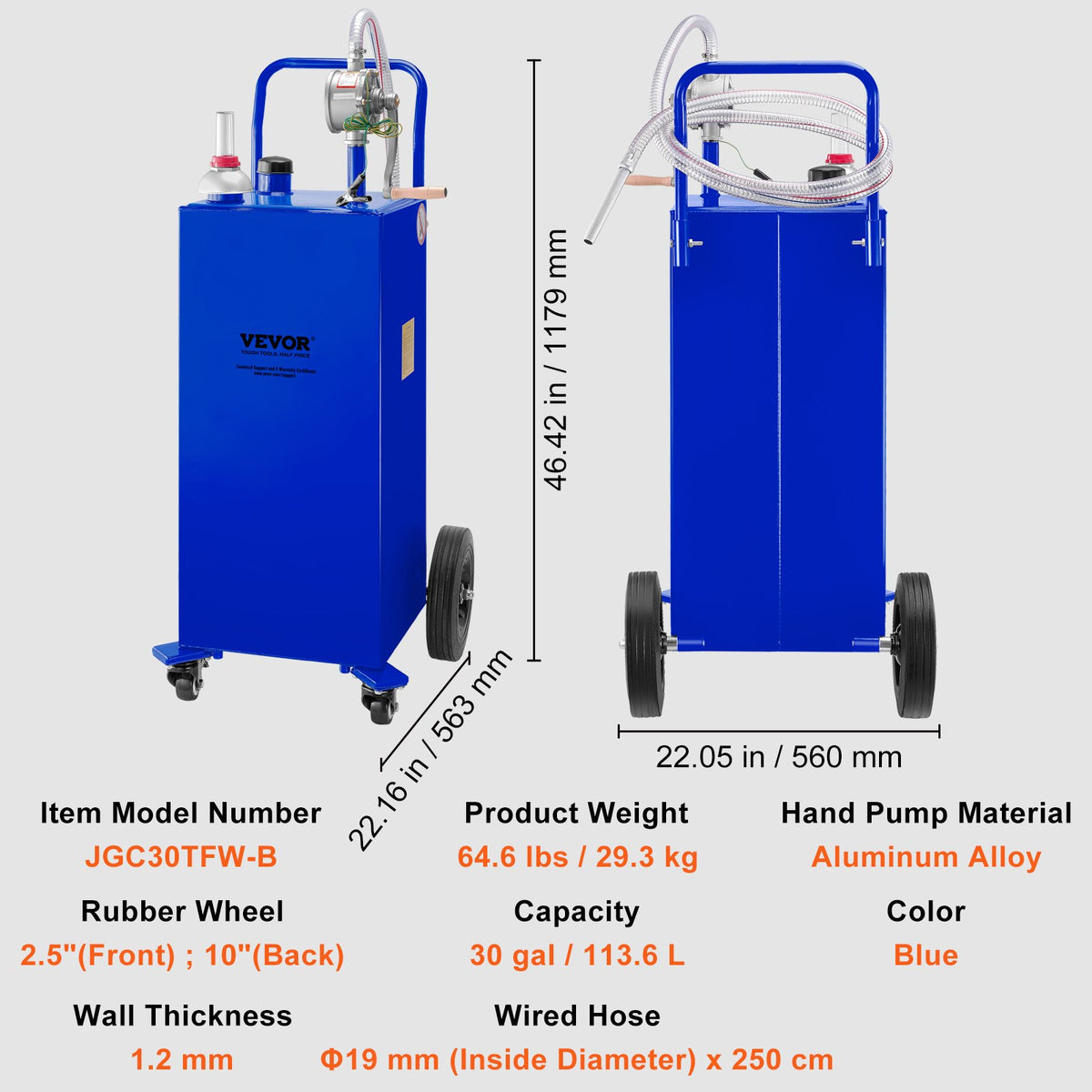 VEVOR 114 Litre Fuel Tank with 4 Wheels and Manual Pump – Suitable for Petrol and Diesel for Cars, Lawnmowers, ATVs, Boats and More – Blue