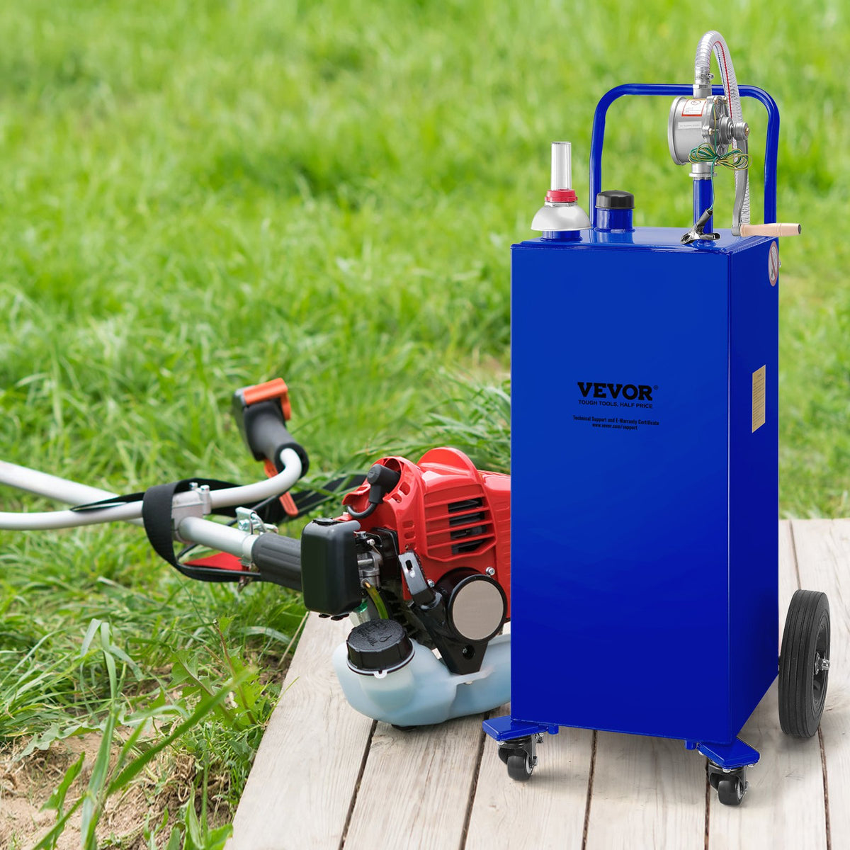 VEVOR 114 Litre Fuel Tank with 4 Wheels and Manual Pump – Suitable for Petrol and Diesel for Cars, Lawnmowers, ATVs, Boats and More – Blue