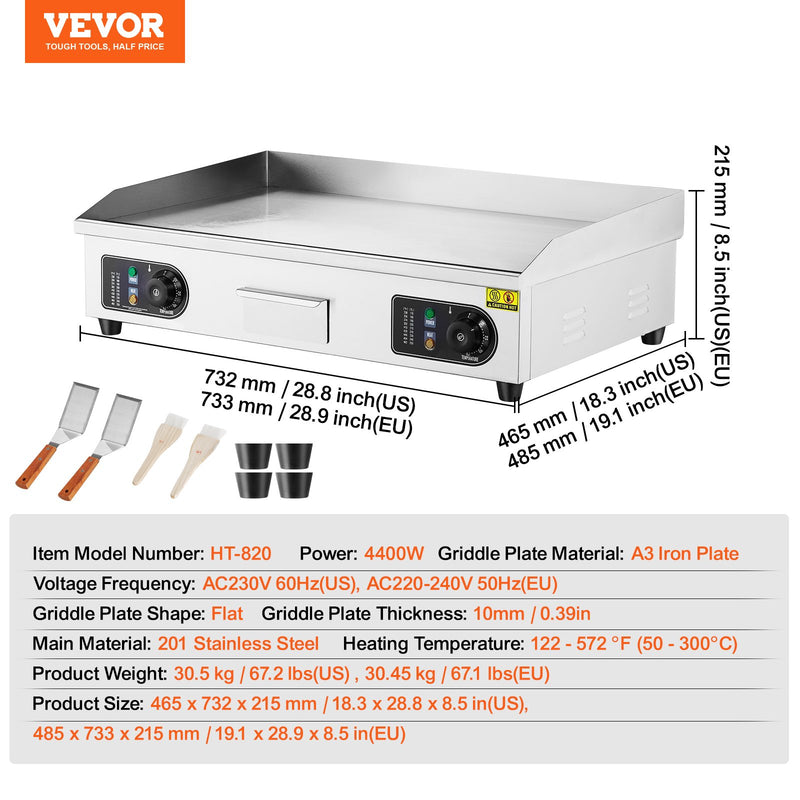 VEVOR komerciālā elektriskā grils 4400 W, galda virsmas, plakana virsma, 50 °C–300 °C
