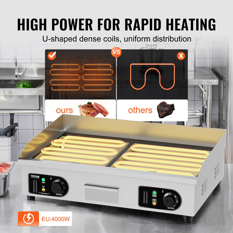 VEVOR komerciālā elektriskā grils 4000 W, galda virsmas, plakana virsma, 50 °C-300 °C