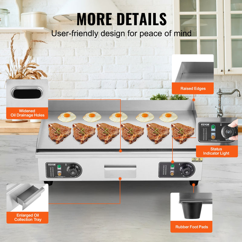 VEVOR komerciālā elektriskā grils 4000 W, galda virsmas, plakana virsma, 50 °C-300 °C