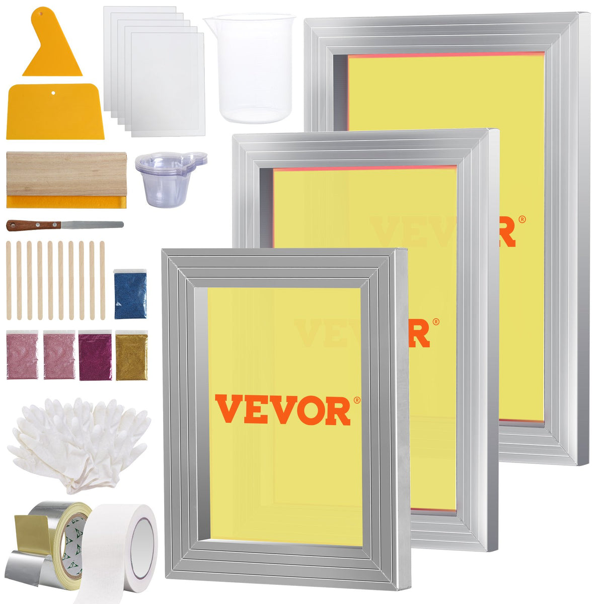 VEVOR Screen Printing Kit with 3 Aluminium Frames, 110 Mesh, Squeegees, Glitter and Films, for T-Shirt Printing