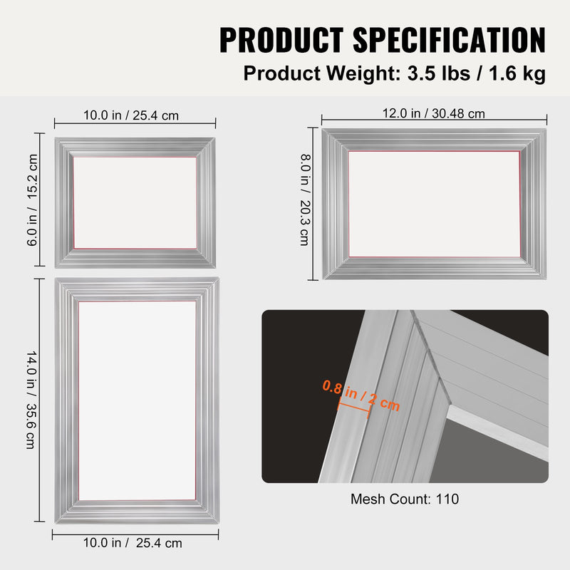 VEVOR Sietspiedes Drukas Komplekts – 3 alumīnija rāmji, 110 tīklojums, gliteri, rakeļi un caurspīdīgas plēves T-kreklu DIY apdrukai