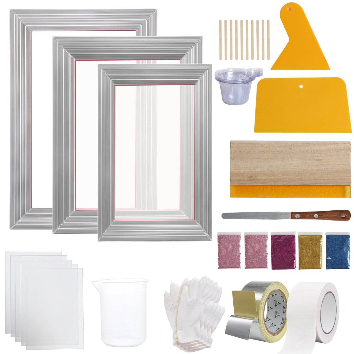 VEVOR Screen Printing Kit with 3 Aluminium Frames, 110 Mesh, Squeegees, Glitter and Films, for T-Shirt Printing
