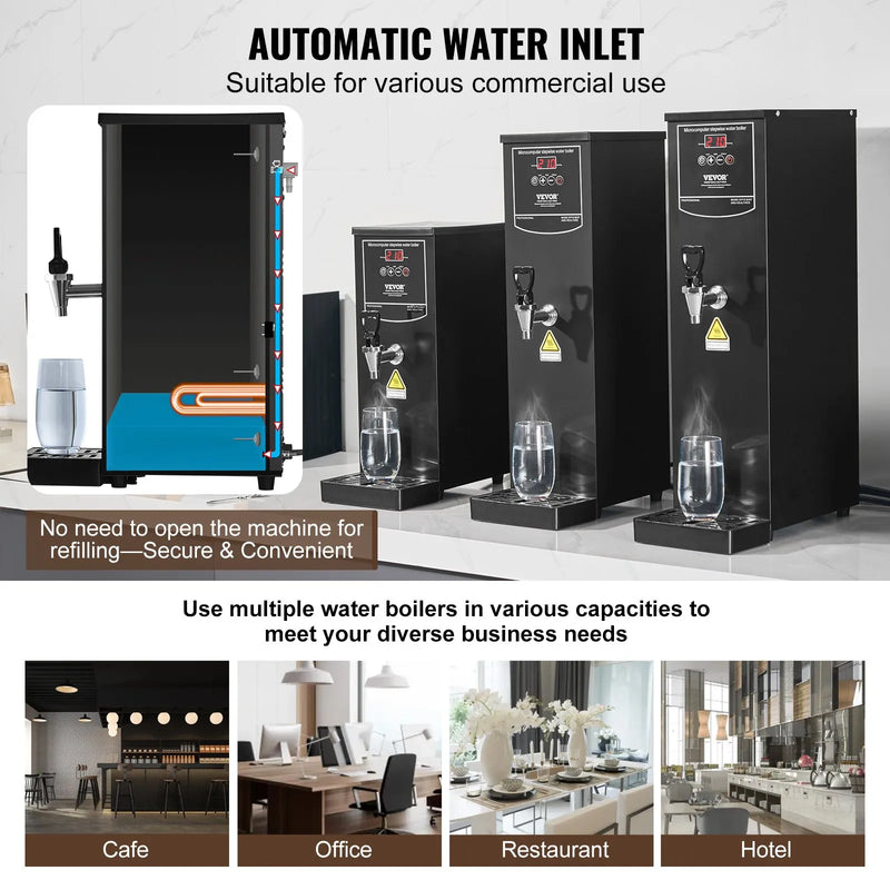 VEVOR komerciālais ūdens boilers 1500 W ar 316 nerūsējošā tērauda sildelementu un 50 l/h jaudu karstā ūdens padevei kafijai, tējai un birojam - ZEMLETES.LV