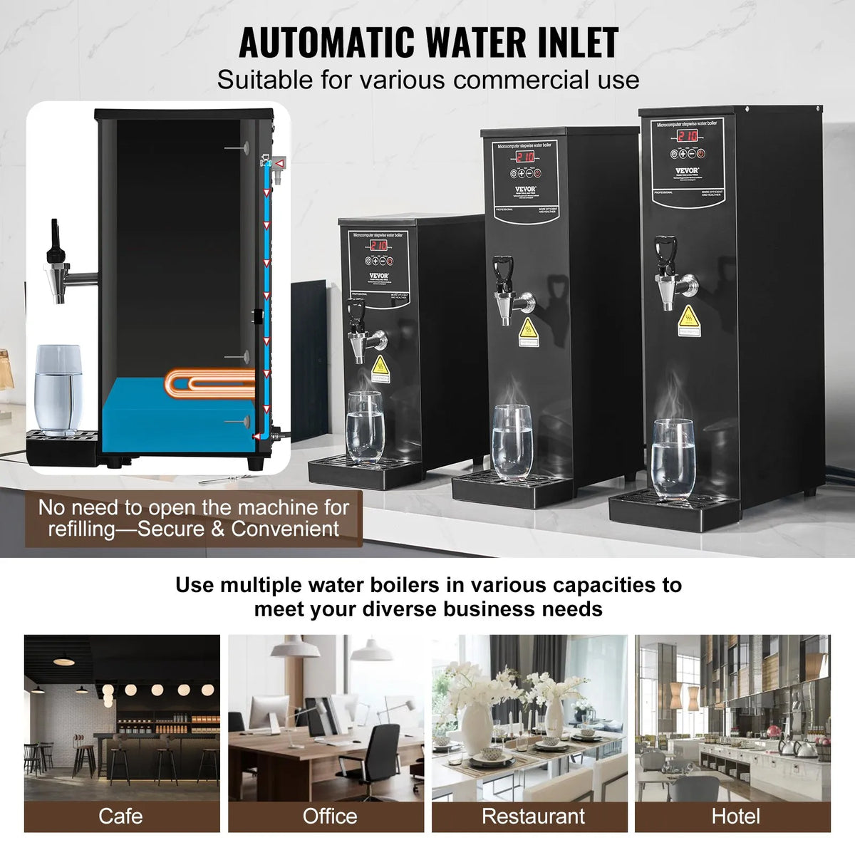 VEVOR komerciālais ūdens boilers 1500 W ar 316 nerūsējošā tērauda sildelementu un 50 l/h jaudu karstā ūdens padevei kafijai, tējai un birojam - ZEMLETES.LV