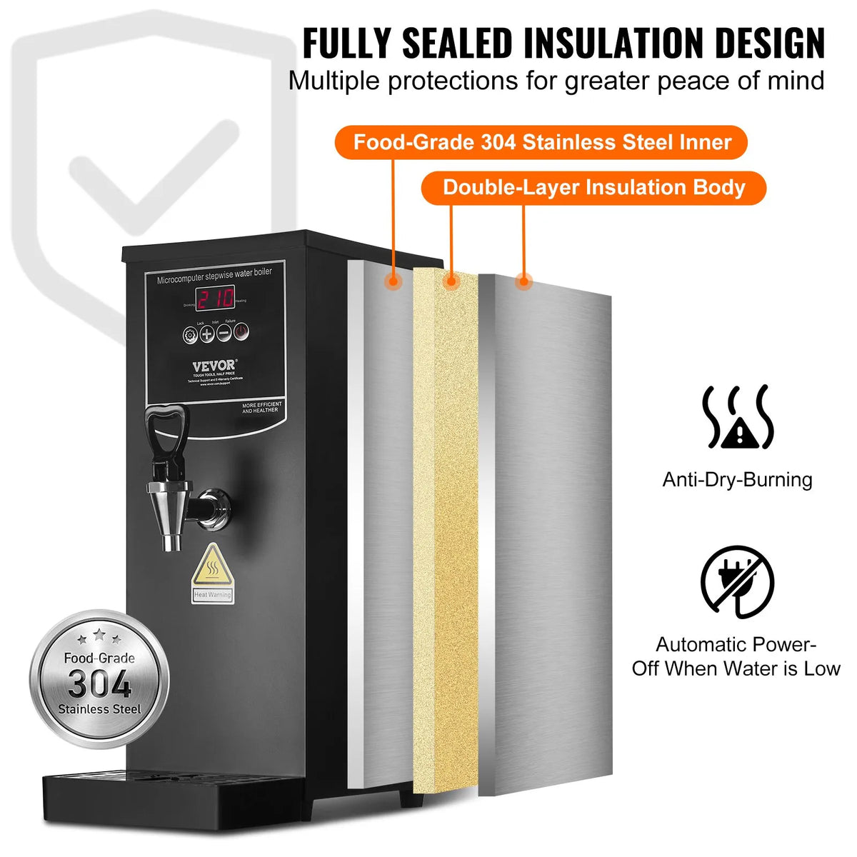 VEVOR komerciālais ūdens boilers 1500 W ar 316 nerūsējošā tērauda sildelementu un 50 l/h jaudu karstā ūdens padevei kafijai, tējai un birojam - ZEMLETES.LV