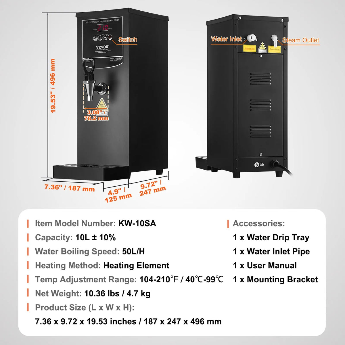 VEVOR komerciālais ūdens boilers 1500 W ar 316 nerūsējošā tērauda sildelementu un 50 l/h jaudu karstā ūdens padevei kafijai, tējai un birojam - ZEMLETES.LV