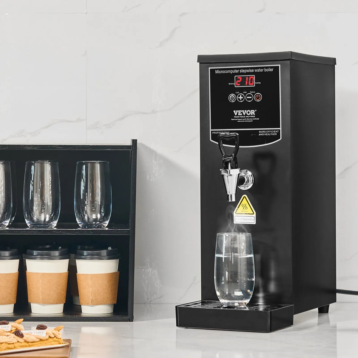 VEVOR komerciālais ūdens boilers 1500 W ar 316 nerūsējošā tērauda sildelementu un 50 l/h jaudu karstā ūdens padevei kafijai, tējai un birojam - ZEMLETES.LV