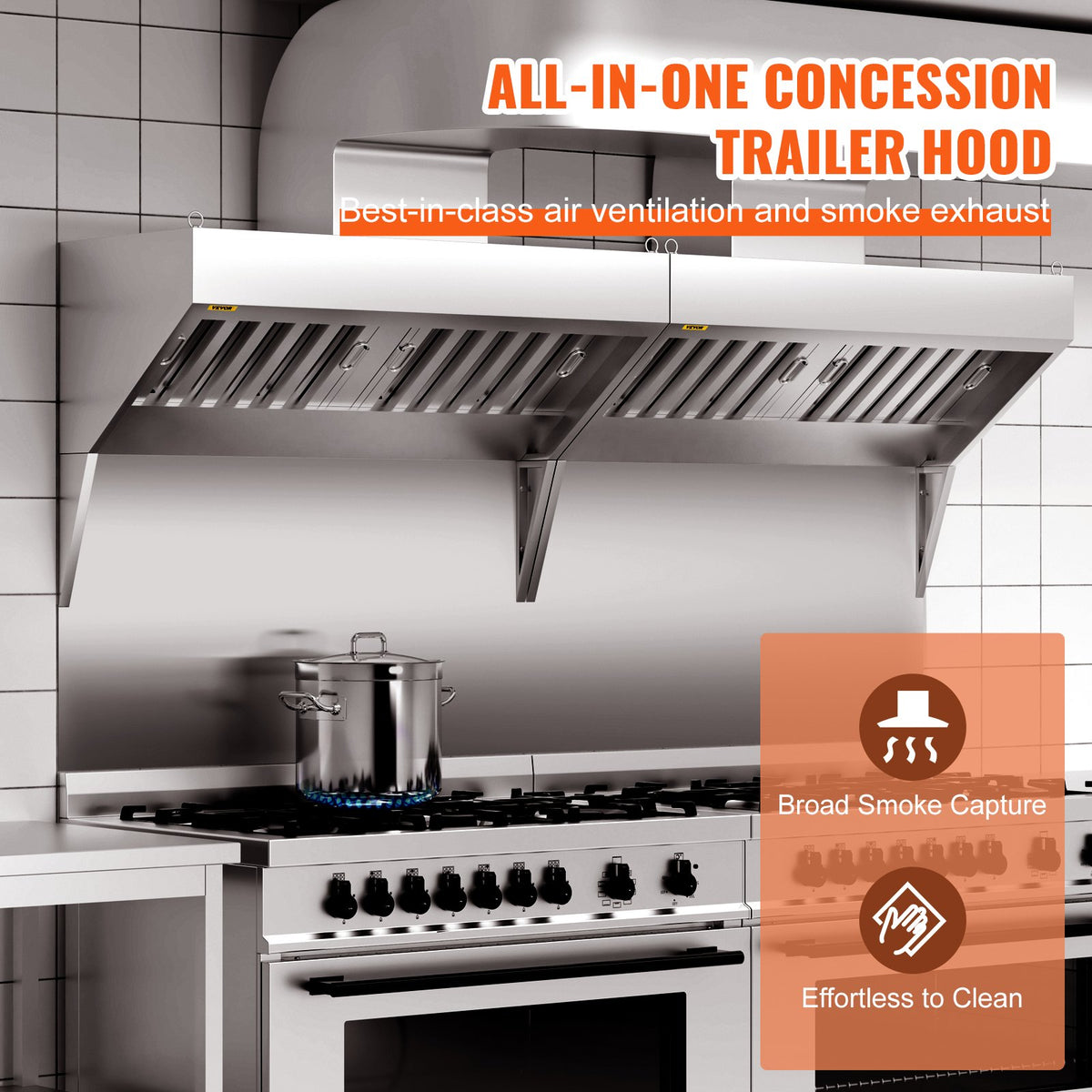 VEVOR Commercial Range Hood 2.13 m with 3 Removable Grease Filters, 201 Stainless Steel