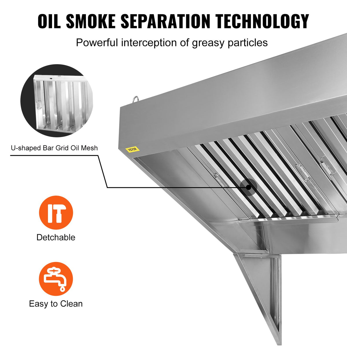VEVOR Commercial Range Hood 2.13 m with 3 Removable Grease Filters, 201 Stainless Steel