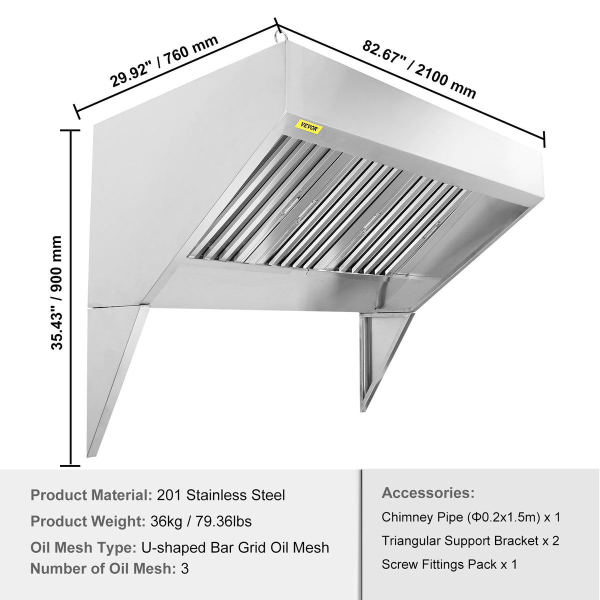 VEVOR Commercial Range Hood 2.13 m with 3 Removable Grease Filters, 201 Stainless Steel