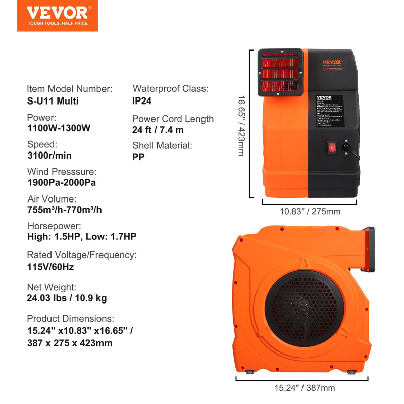 VEVOR pūtējs piepūšamajām atrakcijām, 1100 W gaisa sūknis, 770 m³/h gaisa plūsma